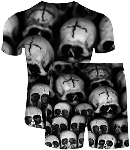 URVIP MENS 2 PCS Halloween Skull Tiskane majice i kratke hlače postavljaju sportsku mrežicu
