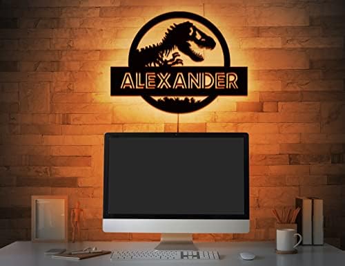 Osvjetljavanje imena za zidni dinosaur - prilagođeno ime jurske zidne umjetnosti LED RGB Light - Personalizirani tirannosaur