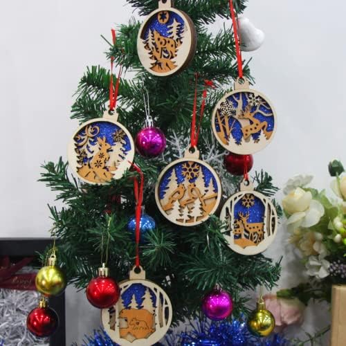 DEPLEE 6 PCS DRVENI BOŽIĆNI ORNAMET SET VISENICA, 4-sloj rezbare plave drvene vintage ukrase za božićno drvce ukrasi, jeleni,