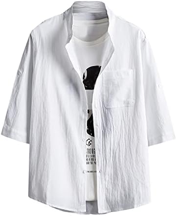 Muške košulje od pamuka i lana, ležerna košulja na kopčanje kratkih rukava, jednobojne majice širokog kroja s džepom