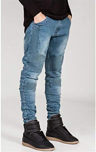 Andongnywell muški srednji struk naklonjeni biciklista mršavi rastezljivi traperice Slim Fit traper hlače s patentnim džepom
