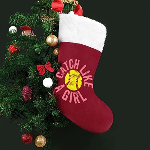 Uhvatite se kao djevojački softball božićna čarapa klasična viseća ukrasi s bijelim manžetom torba za bombon za obiteljske