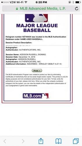 Addison Russell Cubs upisani debi Wrigley potpisana igra korištena bejzbol mlb holo - MLB autograpd igra koristio bejzbol
