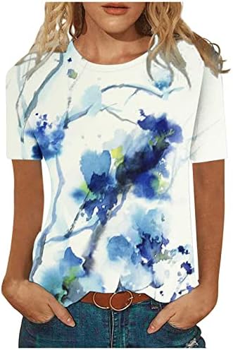 Top za djevojčice Jesen ljeto 2023. s kratkim rukavima i okruglim vratom od pamuka s uzorkom tinte, cvjetna majica za žene