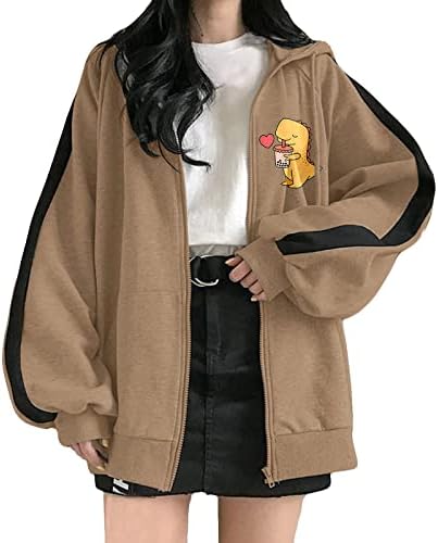 Žene casual hoodie kaput puni patentni patentni patentni jakna Dinosaur za ispis džep s kapuljačom s kapuljačom plus veličina