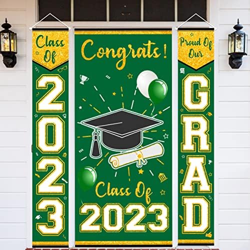 3PCS Grad Banner Set za diplomiranje ukrasa od 2023. godine, zeleni i zlatni trijem natpisa natpisa na vratima ulaznih vrata
