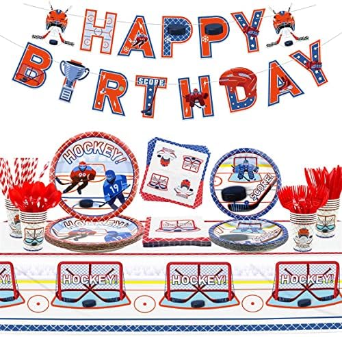 Hockey Party pribor - set za rođendan za hokej na ledu, uključujući tanjure, šalice, salvete, posuđe, stolnjak, transparent
