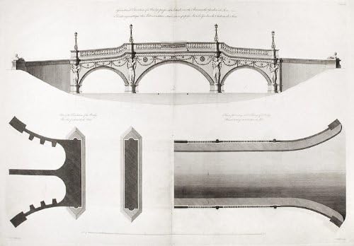 Geometrijska visina mosta koji će se graditi preko rijeke u vrtu na Sionu. Plan temelja mosta. Plan prolaza i pješačkih staza