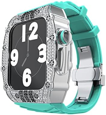 Bling Watch fuse i bend za Apple Watch 45 mm serije, metalna futrola s rhinestoneom uparena je s pojednostavljenom silikonskom