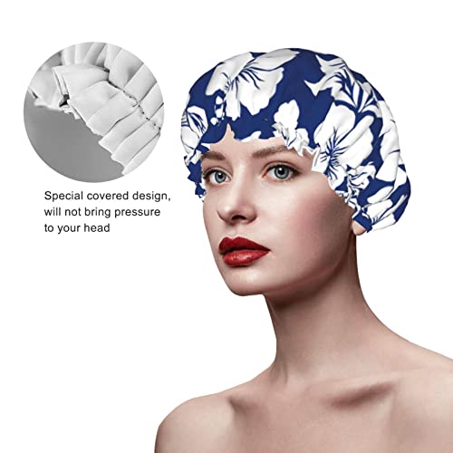Žene za višekratnu upotrebu rastezanja kapu za kosu plavi mornarski uzorak hibiskus dvostruki slojevi vodootporni poklopac