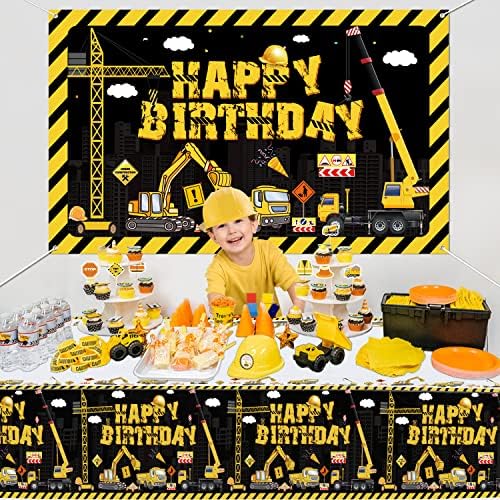 Pozadina za sretan rođendan i set pokrivača za stol - rekviziti za fotografiranje na građevinskoj tematskoj zabavi od 6 do