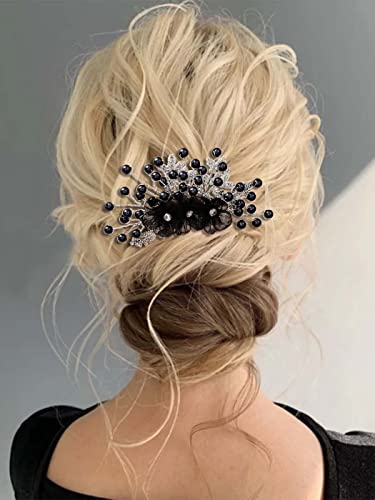 _ Crni cvijet mladenke češalj za kosu srebrni biser Kristalna vjenčana ukosnica Dodaci za maturalnu kosu za žene i djevojke
