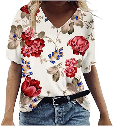 Labavi fit Preveliki gornji gornji ženski kratki rukav 2023 duboki v vratni pamučni cvjetni grafički ležerni bluza majica