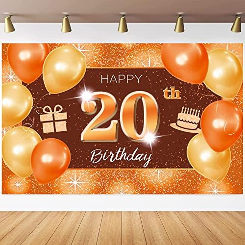 20. rođendanska pozadina, narančasti svjetlucavi natpis, 20 godina rođendanski ukrasi za dječake i djevojčice, pozadina za