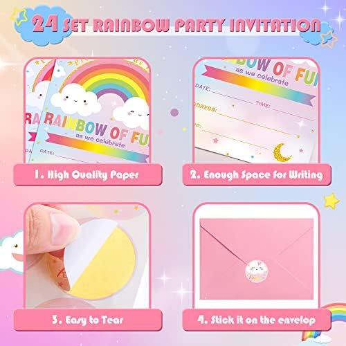Nezyo 24 Set Rainbow Party Pozivnica s omotnicom i naljepnicama Rainbow of Fun Party zalihe za djevojčice Dječaci ispunjavaju
