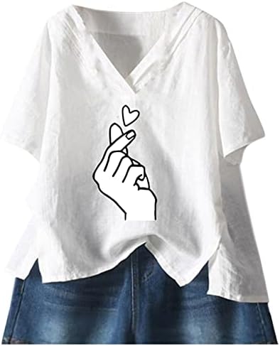 Bočni prorezni platneni vrhovi za žene 2022 Slatka grafička majica košulja ljetna rukava v vrat labav ležerna bluza za ljuljanje