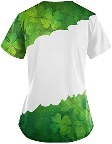 St Patrick's Day Clover Print košulja za žene v vrat kratki rukav casual labava radna bluza s džepovima