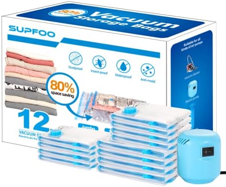 Supfoo 12 Pack Space Saver Vakuumske vrećice za pohranu s električnom pumpom Double Zip brtve, vreće za vakuumske brtve odgovaraju