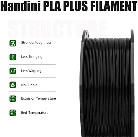 Handini PLA + filament Pro Black, 1,75 mm PLA plus 1kg Spool 3D tiskarski filament, dimenzijska točnost +/- 0,03 mm