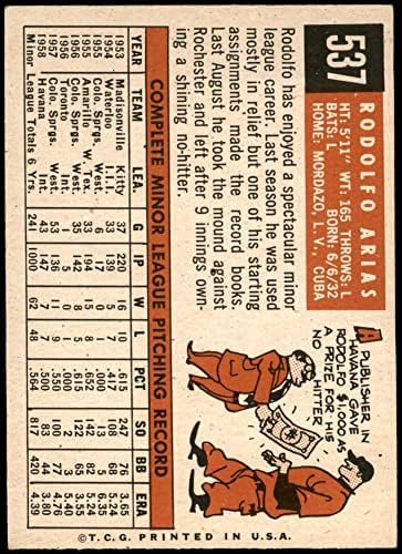1959. Topps 537 Rodolfo Arias Chicago White Sox ex White Sox