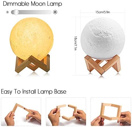 Mjesečeva svjetiljka, Lecmark 20cm 3D print LED Mjesec svjetlost Touch Prekidač zatamnjeni stol kreveta za kreveti s drvenim
