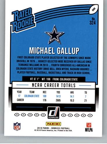 2018. Donruss nogomet 324 Michael Gallup RC Rookie Card Dallas kauboji ocijenjeni rookie službeni NFL trgovačka karta