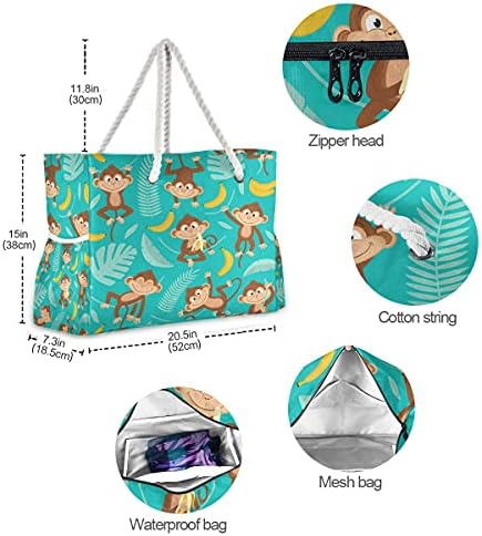 Izuzetno velika torba za plažu, torba za plažu s uzorkom tropskog ružičastog lišća flaminga i džepovima, torbe za plažu za