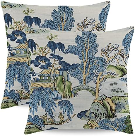 WSunsal Chinoiserie jastuci za jastuke 18x18 inčni set od 2, azijski slikovito plavi i zeleni jastuci za bacanje seoske kuće