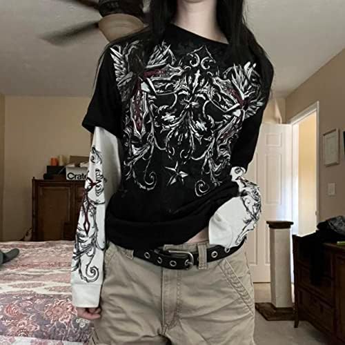 Y2K Fairy Grunge Pulover Twichirt Grafički print majice s dugim rukavima Vintage okrugli vrat punk tee E-Girl E.