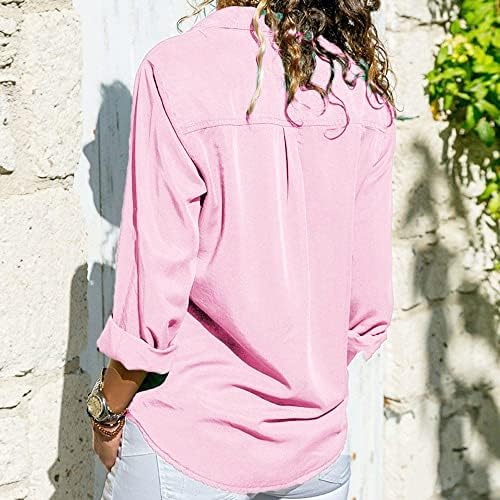 Ovratnik sa satenskom bluzom Čvrsta ležerna dugačka prednja rukava skreće vrhove niz ženske džepove košulje gumb tunika raglan