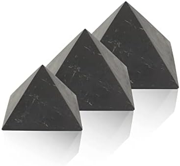 Heka Naturals polirani shungite crni kamen piramida set od 3 | 2+3+4 inča - dekor dekor stola za kuću ili ured - kamenje