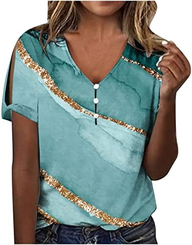 Žene Ljeto casual šuplje gumb s kratkim rukavima V vrat tiskana majica s kratkim rukavima Top Slatka čipkasta košulja Žene