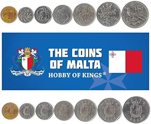 7 kovanica s Malte | Zbirka malteških kovanica 1 2 5 10 25 50 50 centi 1 lira | Cirkuliran 1991-2007 | Blue Rock Thrush |