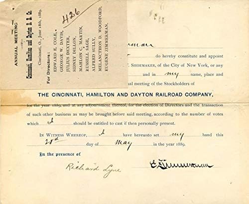 Željeznička tvrtka Cincinnati, Hamilton i Deighton koju je potpisao Eugene Zimmerman-potvrda o dionicama