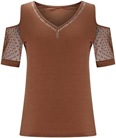 Ležerna vrhunska majica za djevojke Ljetni jesen kratki rukav 2023 Hladno rame VNECK pamučna mreža Rhinestone obična bluza