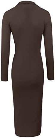 Oplxuo ženski dugi rukav rebrasti džemper haljina rever v-izrez vitka fit koljena dužine midi haljine modni karosek pulover
