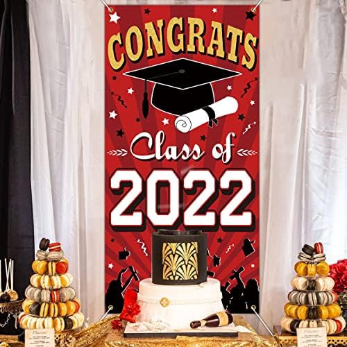Crveni crni ukrasi za diplomiranje 2022., zlatna čestita razred 2022 ukrasa za diplomiranje, naslovnica vrata, znak diplomiranja