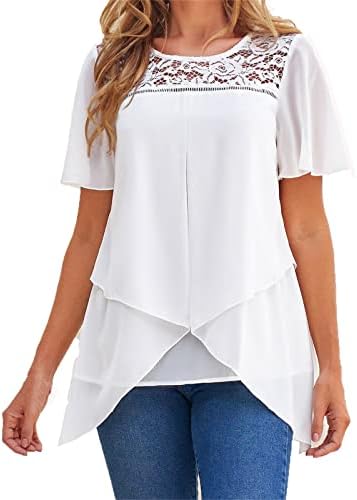 Ženske ljetne elegantne majice s okruglim vratom, čipkasta krpena majica kratkih rukava, neravni RUB, bluze od tunike na