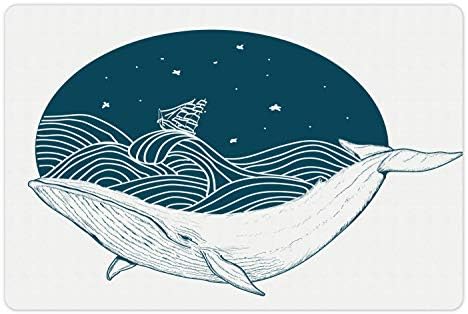Prostirka za kućne ljubimce za hranu i vodu, veliki kit koji pliva u valovitom oceanu sa zvijezdama i starinskim brodskim