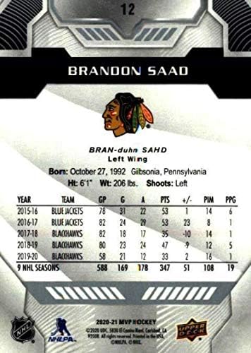 2020-21 Gornja paluba MVP Silver Script 12 Brandon Saad Chicago Blackhawks NHL Trgovačka karta hokeja