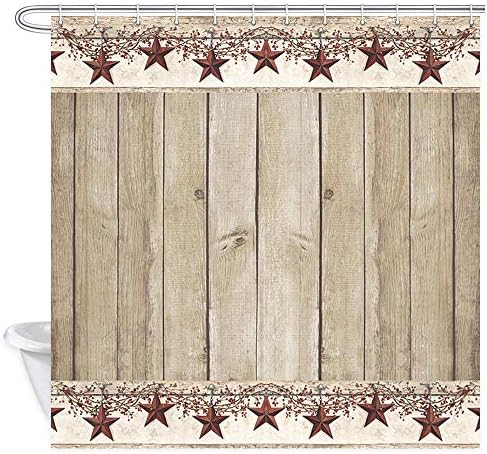 Rusitc Woods Boards Tuš zavjesa, zapadna teksaška zvijezda i primitivne bobice na seoskim drvenim zavjesama za kupanje, poliesterska