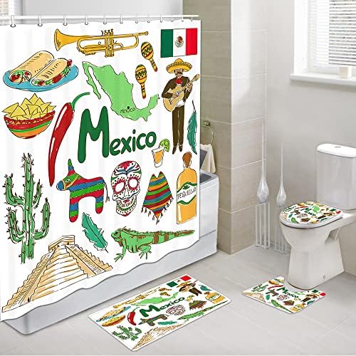 Meksička zavjesa za tuširanje, zabavna šarena skica Meksiko Chili Pyramid Nachos Cactus Music Poncho uzorak, Tuš zavjesa