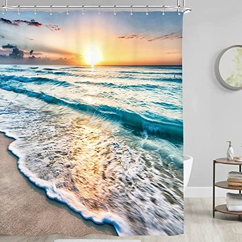 Riyidecor oceanska plaža tematska scena tkanina tkanina ukrasna tuš zavjesa za kupaonicu Sunrise Sunset View 72x72 inčni